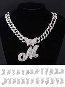 1 Stück Hip Hop Iced Out Strass Herrenhalskette Schmetterling 26 A-z Buchstaben Sind Optional Anfangsbuchstaben Halskette Für Frauen 15mm Coole Miami Schmuck Gliederkette Für Frauen Und Jungen Geschenk