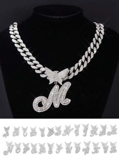 1pc Hip Hop Iced Out Rhinestone Men's Necklace Butterfly 26 A-Z Letters Are Optional Initial Letter Necklace For Women 15MM Cool Miami  Jewelry Link Chain For Women And Boy Gift