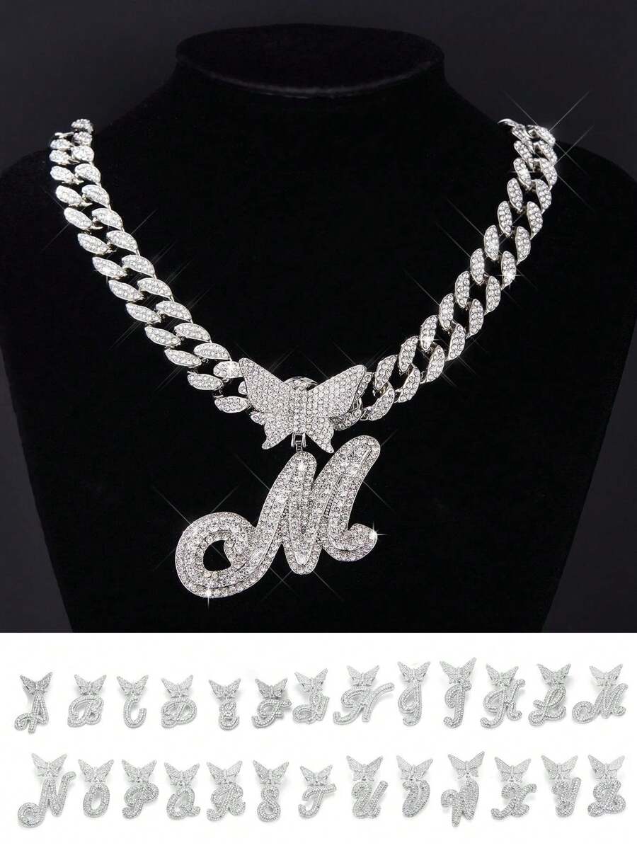 1 Stück Hip Hop Iced Out Strass Herrenhalskette Schmetterling 26 A-z Buchstaben Sind Optional Anfangsbuchstaben Halskette Für Frauen 15mm Coole Miami Schmuck Gliederkette Für Frauen Und Jungen Geschenk