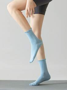 1Pair/6Pairs Solid Color Yoga Socks With Rolled Edges, Non-Slip Mid-Calf Socks For Indoor Fitness And Pilates, Seamless Sports Socks For Women