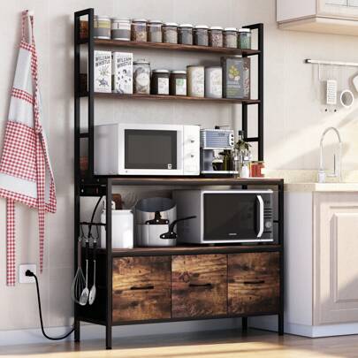 Kitchen Bakers Rack With 3 Baskets And Power Outlet,5-Tier Free Standing Kitchen Storage Shelf Rack,Industrial Microwave Oven Stand,Metal Kitchen Rack Organizer With Hooks,Spice, Pots And Pans,Furniture,Brown