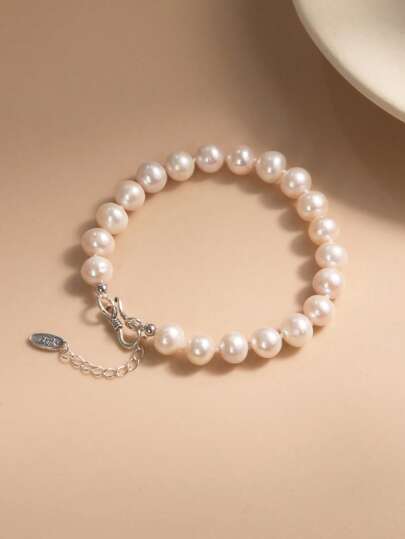 1pc 925 Sterling Silver Natural Pearl Bracelet For Women, Suitable For Wedding, Engagement, Bridal Gifts, Valentine's Day, Birthday Presents