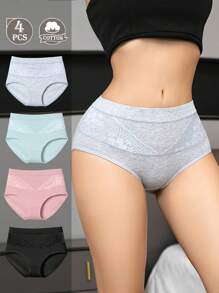 4 pièces de culottes triangulaires haute taille à haute élasticité pour femmes, culottes sans couture. Culottes confortables et décontractées pour femmes d'âge mûr, avec dentelle et découpes sur les hanches. Ensemble multicolore de sous-vêtements mode, respirants et antibactériens.