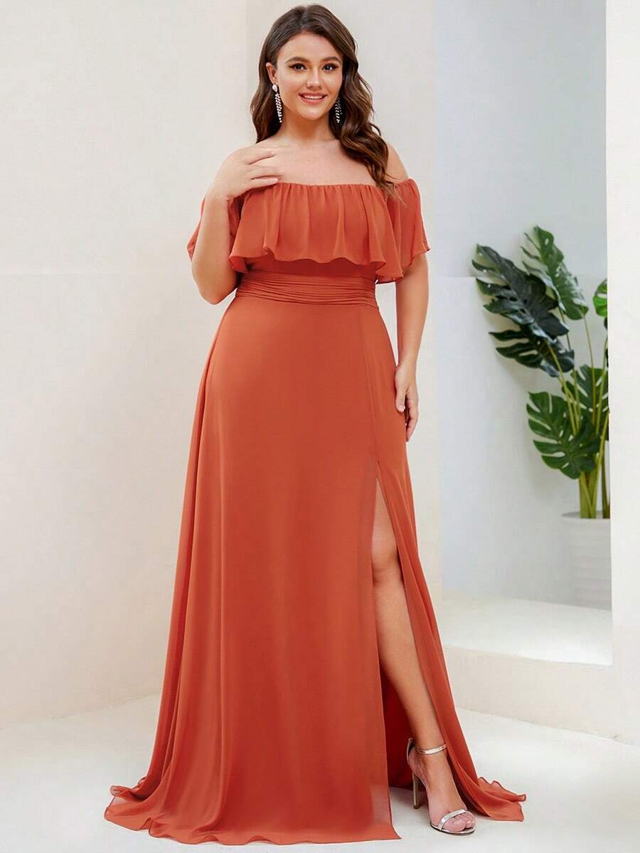 EVERPRETTY Plus Size Women's Solid Color Ruffle Off Shoulder Elegant Bridesmaid Dress - Burnt Orange - View 1