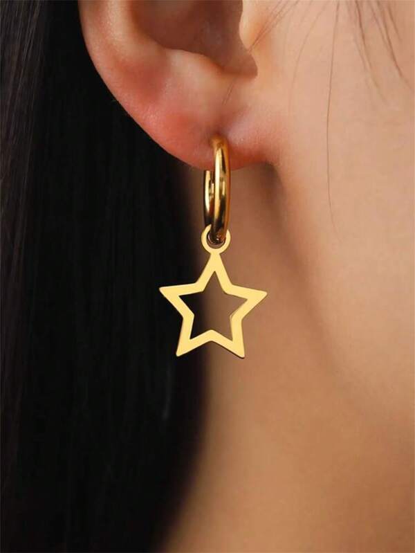 1 par de pendientes de aro con colgante de estrella de cinco puntas minimalista y hueco de metal, versátiles y elegantes, ideales para uso diario de las mujeres