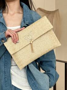 1-Piece Straw Bag With Flap And Bow Decoration Small Bag For Women, Suitable For Daily Shopping And Dating, Fashionable Hand-Held Envelope Bag For Women