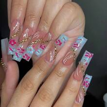 Y2K 24 件长方形芙蓉花闪光指甲，搭配金色水钻设计，亚克力按压指甲，中等贴合，完美假指甲套装。包含：1 件果冻胶和 1 个指甲锉，夏季美甲和法式尖头美甲，适合女士和女孩日常生活和派对使用，美甲用品