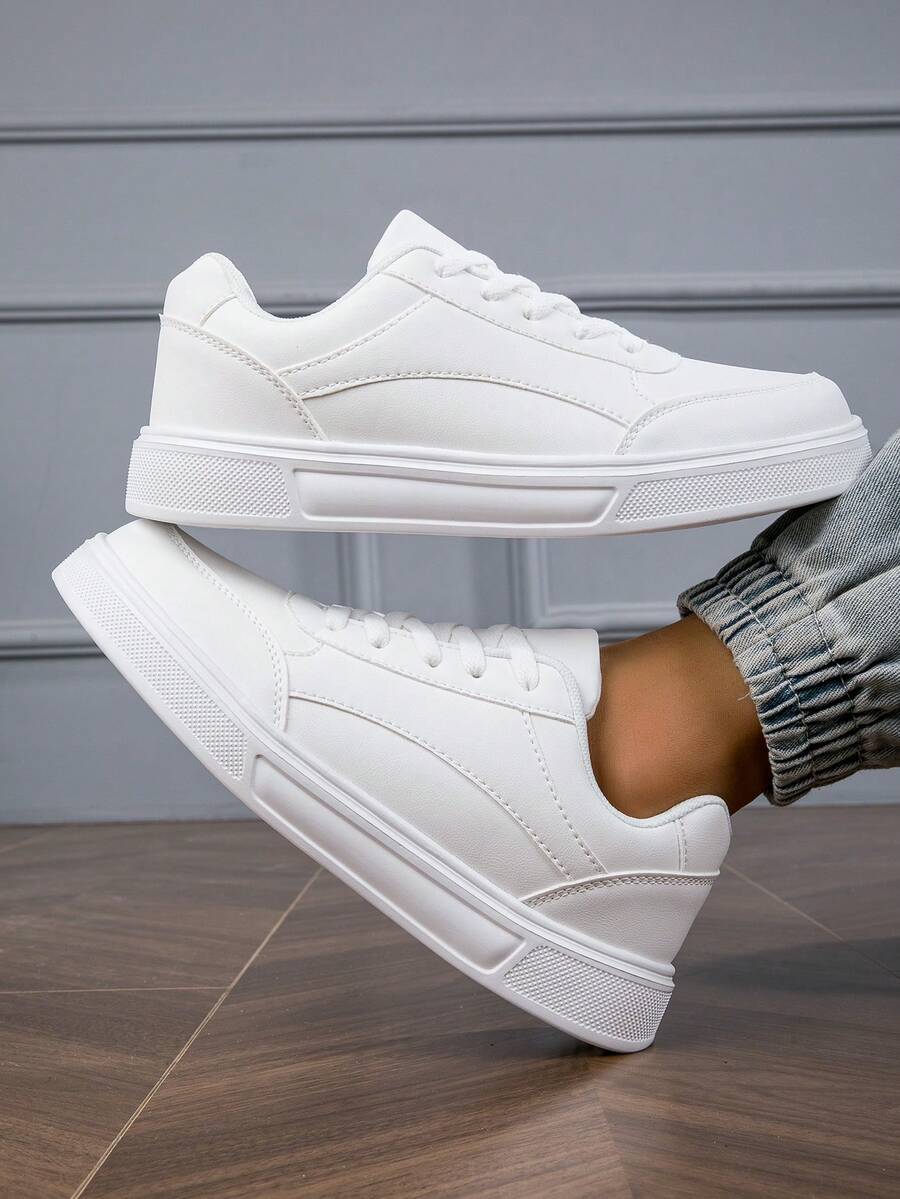 Classic White Sneakers New Casual Flat Platform Shoes, Versatile Men's Spring Autumn Students Footwear - White - View 1