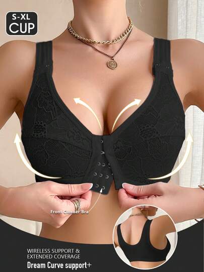 Women's Wireless Front Closure Lace Patchwork Comfort Bra