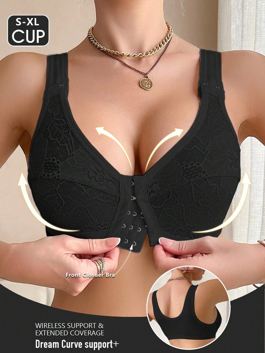 Women's Wireless Front Closure Lace Patchwork Comfort Bra - Black - View 1