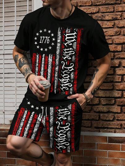 男士字母印花圆领休闲短袖T恤和短裤套装