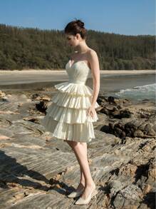 荷叶边露肩收腰蛋糕裙，优雅派对，新娘送礼会短裙，婚纱，新娘 - 米色 - 查看 7