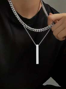 2pcs/Set Stainless Steel Necklace Set, Hip Hop Wide Chain & Rectangular Pendant Necklace, New Fashion Multi-Layer Necklace For Men, Gift Box Packaged - Silver - View 1