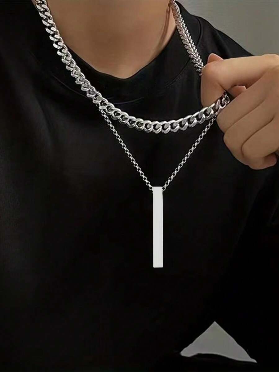 2pcs/Set Stainless Steel Necklace Set, Hip Hop Wide Chain & Rectangular Pendant Necklace, New Fashion Multi-Layer Necklace For Men, Gift Box Packaged - Silver - View 1