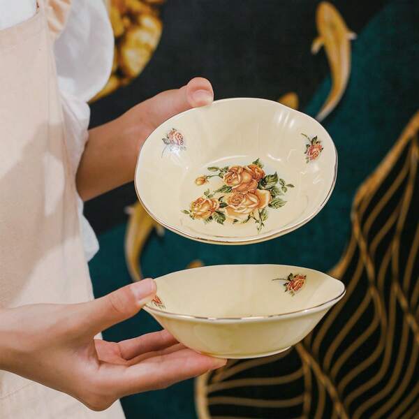 2pcs Elegant European-Style Ceramic Flower Shaped Plates, Golden Detail And Rose Pattern Sauce Dishes, Snack And Dessert Bowls Essential Small Tableware For The Family Dining Room, For Return School