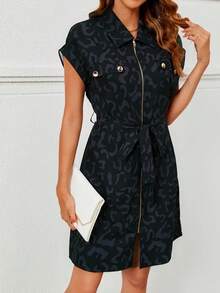 休闲通勤豹纹拉链衬衫裙