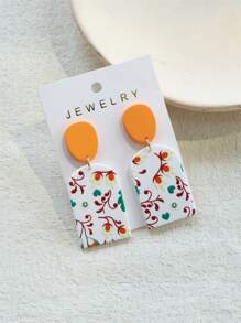 1 对女士花卉叶印花赤土纹理亚克力优雅耳环，橙色 - 彩色 - 查看 4