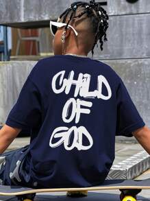 Summer Casual Printed Crew Neck Short Sleeve T-Shirt, Suitable For Boys And Young Students - Fashionable English Letter Pattern T-Shirt, Dedicated To Every Young Explorer! Children's Clothing Boys Graphic Tee - Navy Blue - View 6