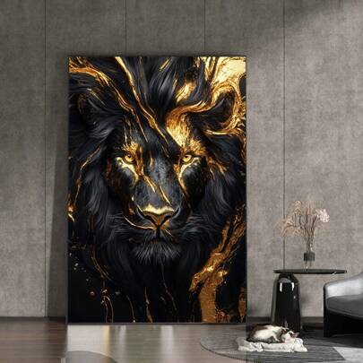 1pc No Frame Modern Abstract Black And Golden Lion Print Wall Art Canvas Painting For Bedroom Curve Texture Canvas Poster For Living Room Corridor Decoration Gifts Birthday Graduation