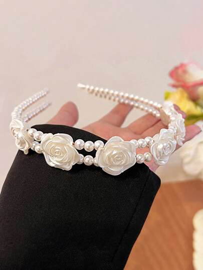 1pc Premium Rose Flower & Pearl Headband, Exquisite Style, Versatile Spring Accessory For Girl