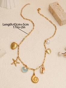 1 件金色海螺海星贝壳仿珍珠项链女士海滩度假风格 14k 镀金海螺海星吊坠项链、友谊礼物、生日礼物、节日礼物、珠宝礼物 - 金色-珍珠鍊條款 - 查看 2