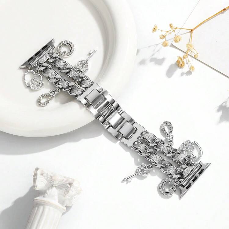 1 条女式皮革绳表带适用于 38/40/41/42/44/45/49 毫米不锈钢表带，兼容 Apple Watch Ultra/SE/8/7/6/5/4/3/2/1 - 銀色 - 查看 2