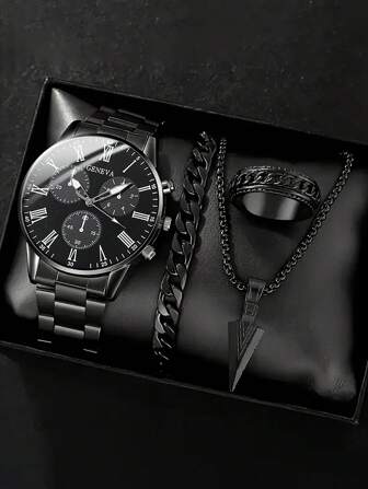 4-Piece Fashionable Men's Quartz Watch Set - Business Style Arrow Pendant Necklace, Bracelet, Ring, Stainless Steel Watch With Precise Analog Display, Comfortable, Suitable For Casual And Sports - Ideal Gift For Him