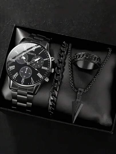 4 件套时尚男士石英表套装 - 商务风格箭头吊坠项链、手链、戒指、不锈钢手表，带精确模拟显示，舒适，适合休闲和运动 - 送给他的理想礼物