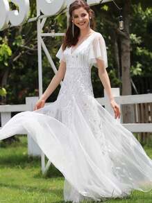 浪漫深V领薄纱花卉亮片短袖婚纱，白色新娘礼服，适合夏季婚礼仪式 - 白色 - 查看 6