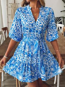 Women's Tropical Floral Print V-Neck Lantern Sleeve Vacation Dress - 藍色 - 查看 4