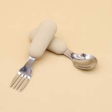 2pcs Kids/Toddler Dinnerware Set, Children Cutlery Set With Silicone Handles, Stainless Steel Kids Spoon And Fork, Silicone - Dishwasher Friendly - Beige - View 8