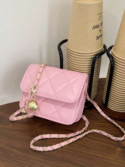 迷你简约儿童小方包，纯色 PU 皮革链条单肩包，时尚高端女孩斜挎包，百搭休闲口红手提包，适合小女孩