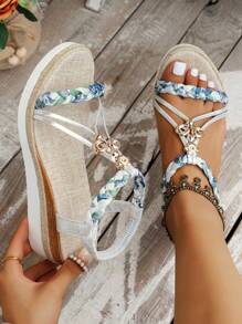 WRCVS Beige Women Sandals With Woven Straps, Platform Wedge Heel, Handmade Beaded Woven Sole, Lightweight Bohemian Style Casual Summer Outdoor Sandals - Silver - View 7