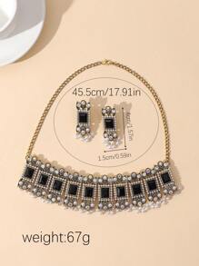 Retro Exaggerated Boho Crystal Rhinestone, Pearl, Square Gemstone Necklace And Tassel Earrings 3pcs Jewelry Set