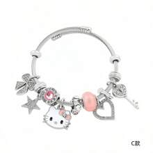 Conjunto con licencia de Sanrio de Hello Kitty de 3 piezas - Pulsera, Collar, Aretes con colgante en forma de corazón, ajustable, Charm de personaje de dibujos animados, joyería de metal rosa, regalo dulce de cumpleaños o San Valentín para niñas, amigos y familia