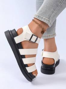 Sandalias de cuña de plataforma de unicolor para mujer, sandalias de verano casuales con hebilla, sandalias abiertas cómodas, sandalias planas romanas para mujer, sandalias de unicolor con correa cruzada abierta y antideslizante - Blanco - Ver 5