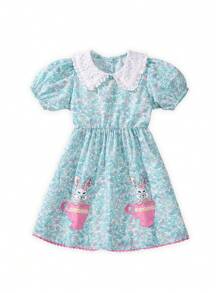 فستان محبوك مزخرف برسومات الأزهار والأرنب للبنات - أخضر نعناع - مشاهدة 2