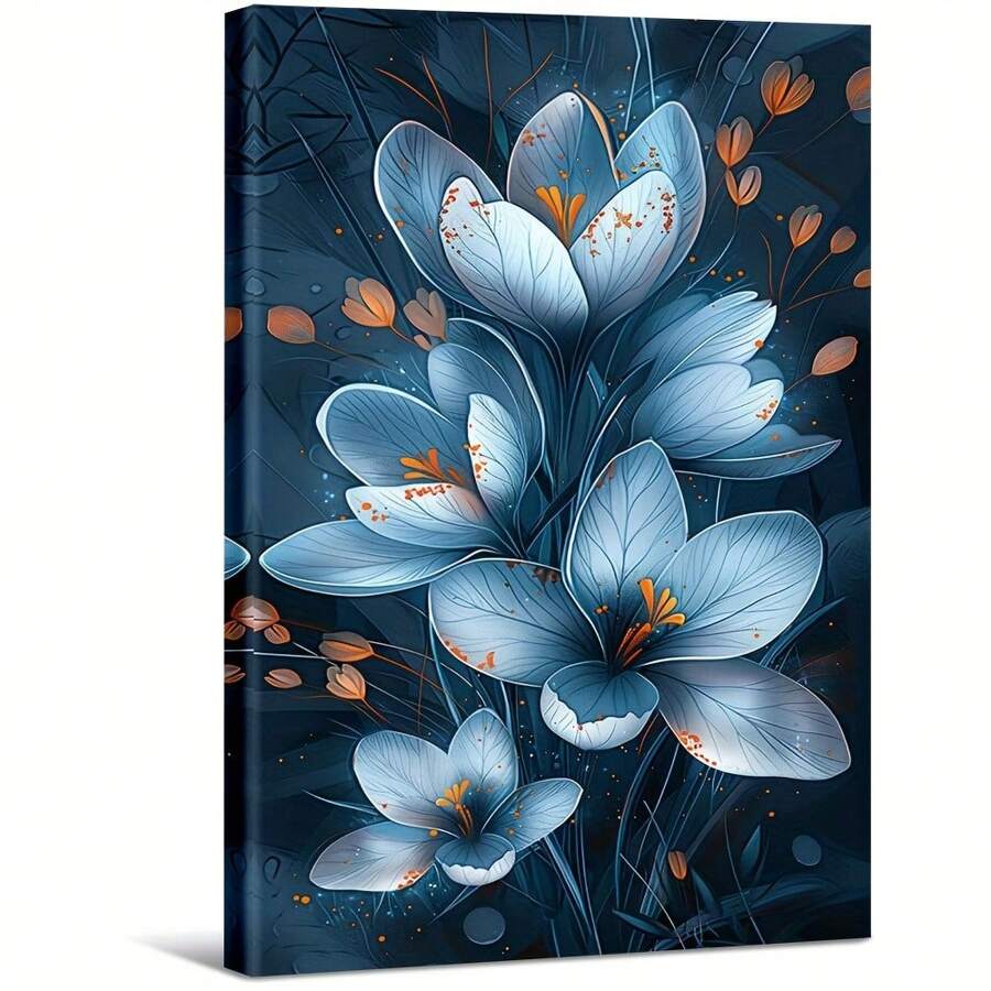 Pretty Blue Flowers, Orange Male And Pale. Large Wooden Framed Wall Painting Artist Home Decoration Oil Painting - Bedroom, Bathroom, Living Room, Office, Kitchen, Christmas Gifts - 1 Piece