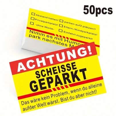 50 Stück Scherz Parkausweis auf Deutsch, gelbe humorvolle Parkhinweise, Papier-Parkausweise für unbefugt geparkte Fahrzeuge, Verwarnkarten, Schulsachen, Schulmaterial