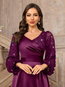 MIUSOL Sequin Floral Lace Colorblock Satin Lantern Sleeve Formal Party Maxi Dress, Suitable For Wedding Guest, Graduation Ceremony, Gala, Evening Gown Occasions - Maroon - View 8