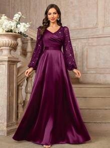 MIUSOL Sequin Floral Lace Colorblock Satin Lantern Sleeve Formal Party Maxi Dress, Suitable For Wedding Guest, Graduation Ceremony, Gala, Evening Gown Occasions - Maroon - View 2