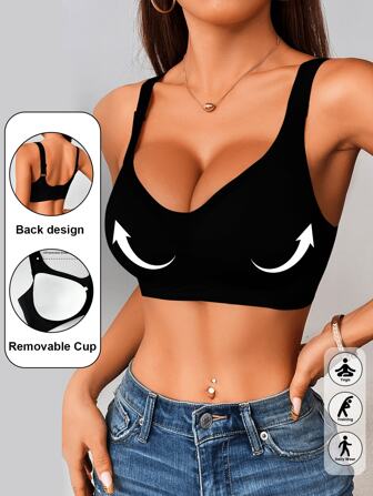 1 pezzo Reggiseno sportivo basic da donna senza cuciture con imbottitura rimovibile per L'estate, con supporto per il sollevamento