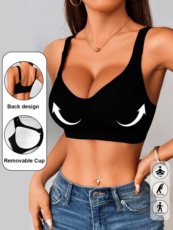 1 pieza Sujetador deportivo sin costuras con relleno extraíble y soporte de elevación para mujeres, básico para yoga en verano