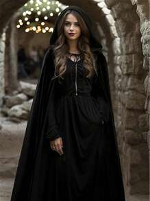 Black Witch Velvet Cloak Halloween Hooded Cape Queen King Robe Outfit Renaissance Medieval Costume Halloween Velvet Cloak Cape With Hood Hooded Cloaks - màu đen - Xem 3