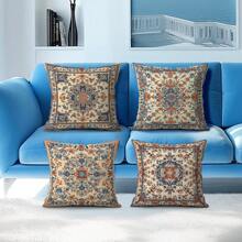 4pcs Bohemian Geometric Retro Pattern Series - Retro Printed Throw Pillow Cover & Sofa Cushion, 45x45cm Coral Fleece Pillowcase