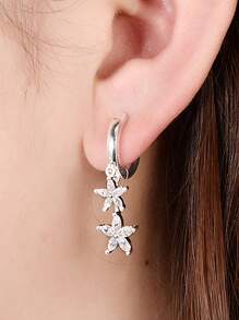 1pair Cubic Zirconia Flower Drop Hoop Earrings - Double Flower Earrings - View 2