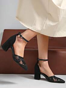 New 2025 Korean Style Mid-Heel Strap Closed Toe Women Sandals, Thick High Heel Mesh Hollow Design