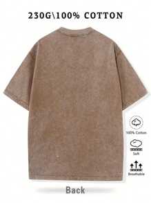1 Pcs 230gsm New Design Printed Men's T Shirt, Versatile Round Neckline Short Sleeve T Shirt For Men - Soft & Comfortable Washed Cotton Men's Tee For All Seasons Wardrobe - 咖啡色 - 查看 4