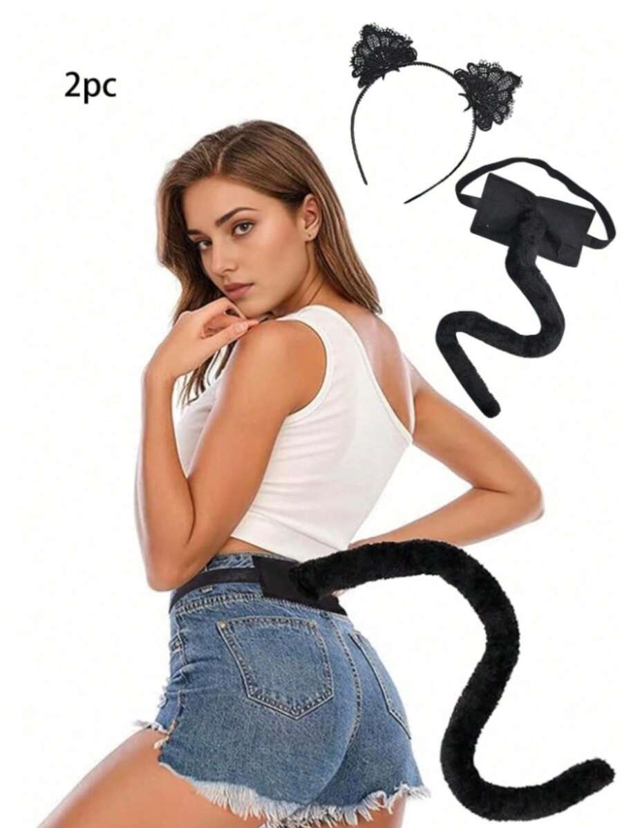 2pcs Holiday Party Cat Ears Hair Band Plush Tail Set Dress Up Props Prom - Multicolor - View 1