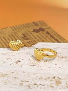 1 pièce Bague minimaliste ajustable en forme de cœur pour femmes, Petite bague en acier inoxydable texturée et mignonne, Polyvalente pour un port quotidien et un cadeau de festival